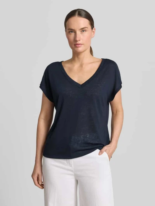 Zdjęcie produktu t-shirt z mieszanka wiskozy z dekoltem w serek Zero Granatowy