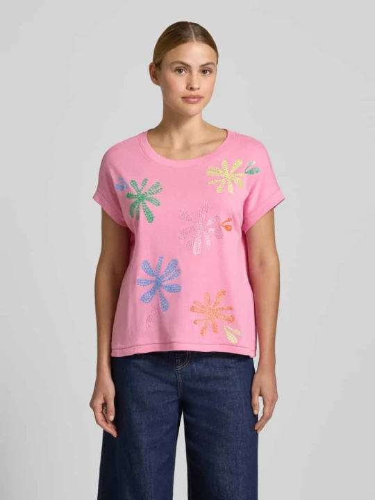Zdjęcie produktu T-shirt z mieszanki bawełny i lnu z przeszyciami milano italy Mocnoróżowy