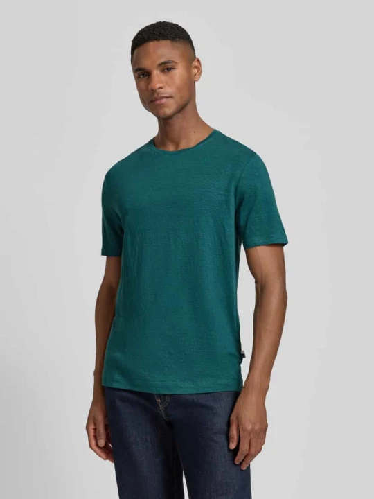 Zdjęcie produktu t-shirt z mieszanki lnu i elastanu z okrągłym dekoltem OLYMP Level 5 Szmaragdowy