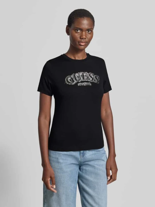 Zdjęcie produktu t-shirt z mieszanki wiskozy i elastanu z logo Guess Czarny