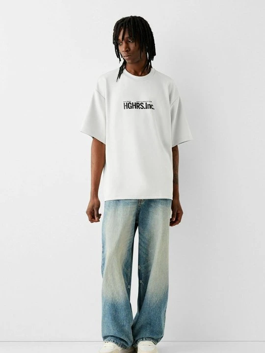 Zdjęcie produktu T-shirt z nadrukiem Bershka jasnoszary