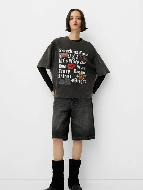 Zdjęcie produktu T-shirt z nadrukiem Bershka ciemnoszary melanż