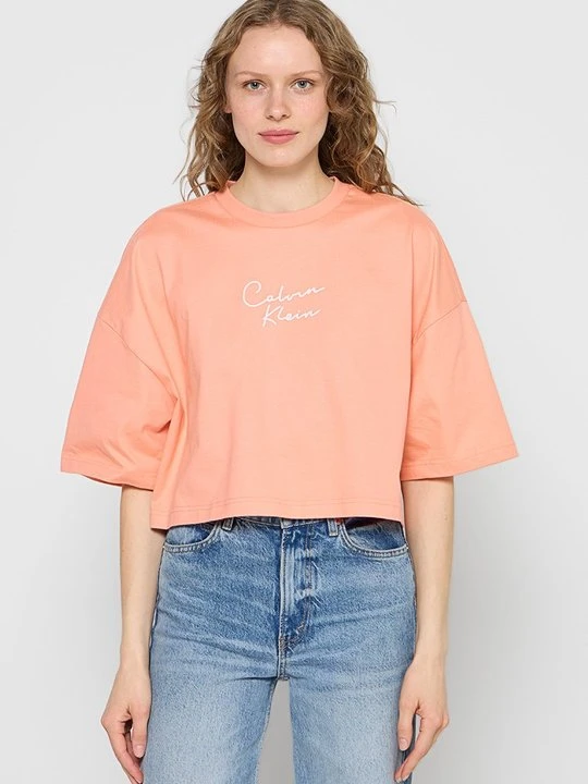 Zdjęcie produktu T-shirt z nadrukiem Calvin Klein Jeans pomarańczowy