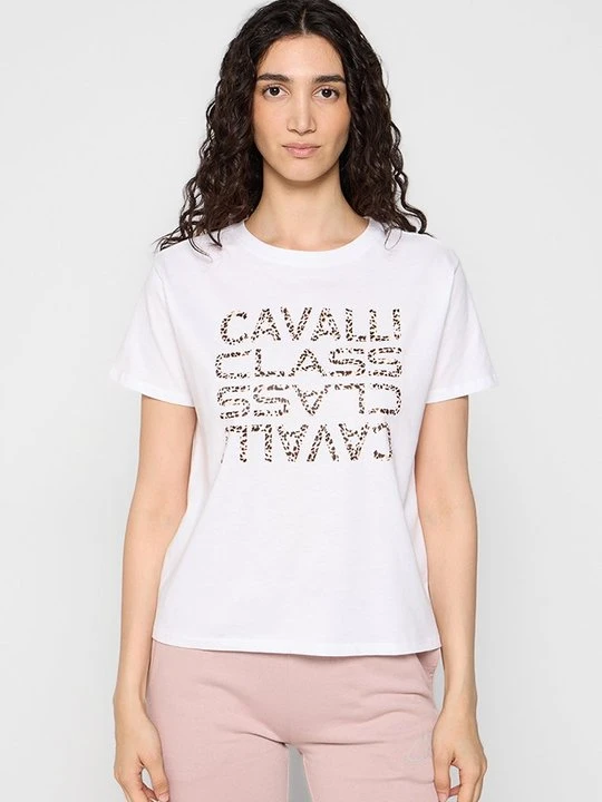 Zdjęcie produktu T-shirt z nadrukiem Cavalli Class mleczny