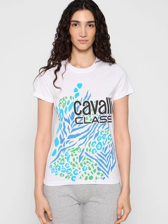 Zdjęcie produktu T-shirt z nadrukiem Cavalli Class mleczny