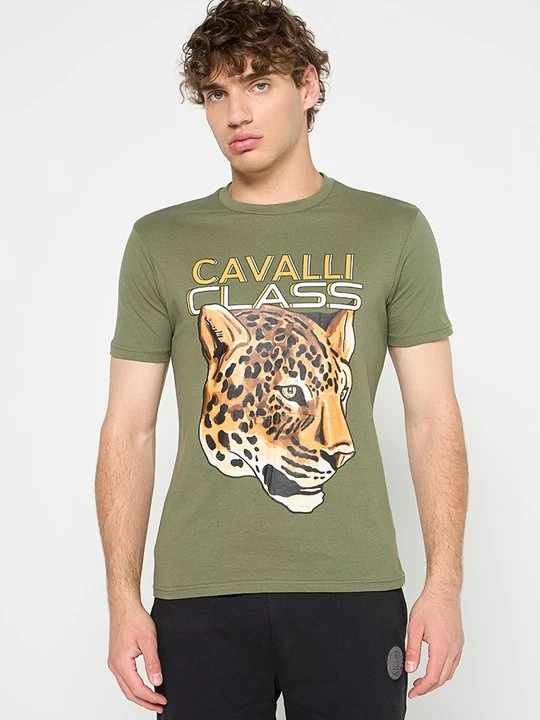 Zdjęcie produktu T-shirt z nadrukiem Cavalli Class khaki