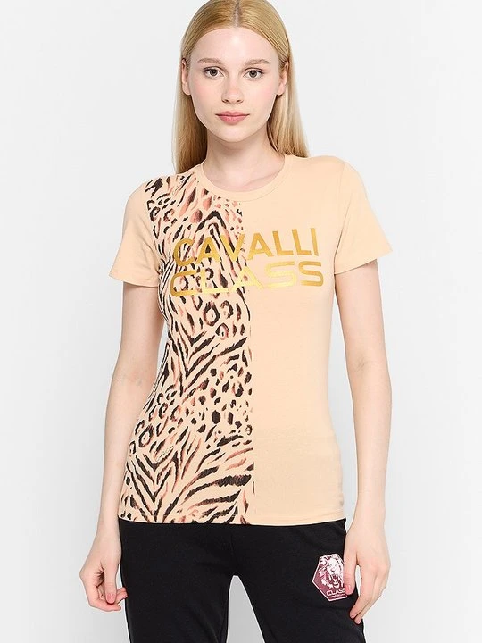 Zdjęcie produktu T-shirt z nadrukiem Cavalli Class morelowy