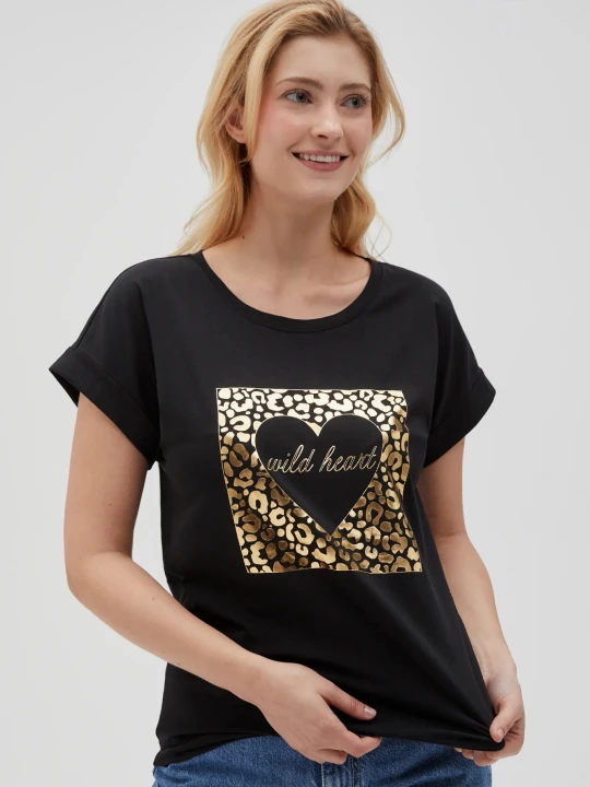 Zdjęcie produktu T-shirt z nadrukiem i napisem czarny Moodo