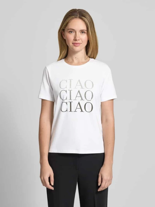 Zdjęcie produktu T-shirt z nadrukiem i ozdobnymi kamieniami comma Złamany biały