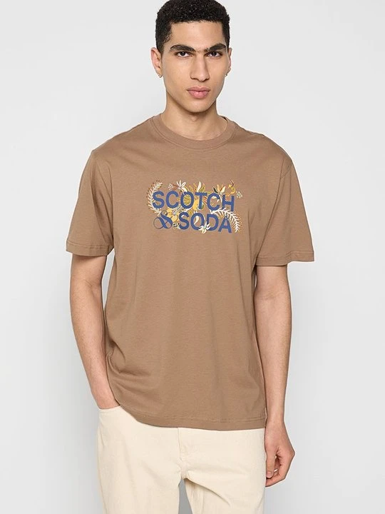 Zdjęcie produktu T-shirt z nadrukiem Scotch & Soda jasny brąz