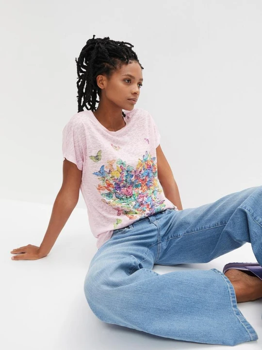 Zdjęcie produktu T-shirt z nadrukiem w motyle BonPrix różowy