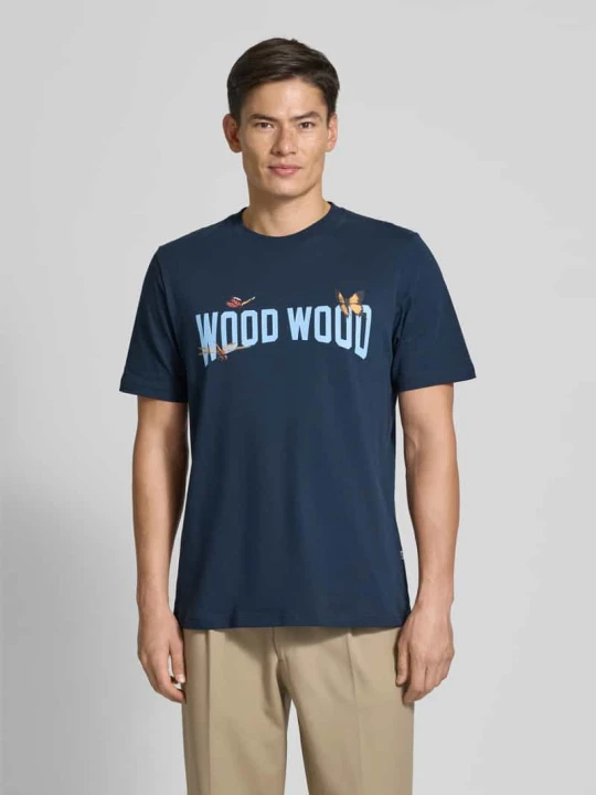 Zdjęcie produktu T-shirt z nadrukiem z logo i motywem model ‘Bobby’ Wood Wood Ciemnoniebieski