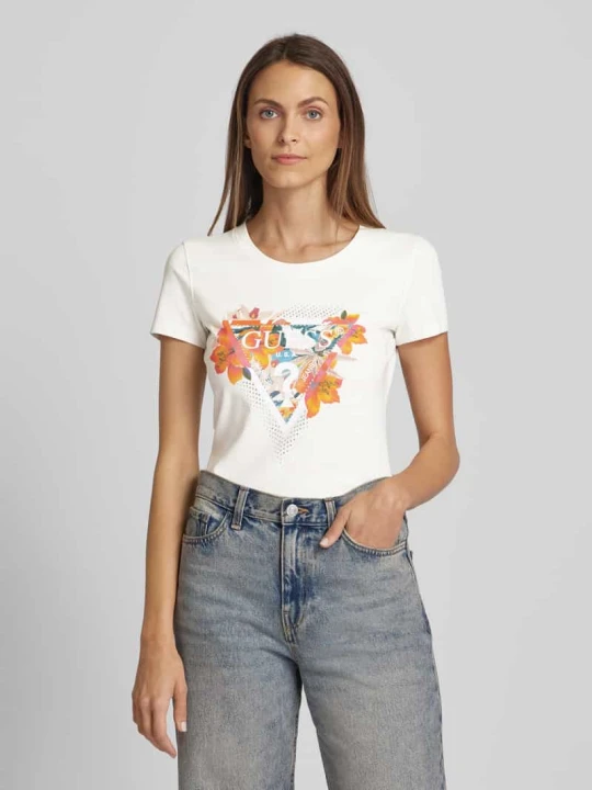 Zdjęcie produktu T-shirt z nadrukiem z logo i motywem model ‘TROPICAL TRIANGLE’ Guess Złamany biały