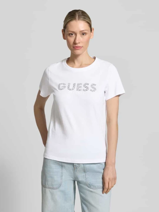 Zdjęcie produktu t-shirt z nadrukiem z logo i obszyciem z kamieni stras Guess Biały