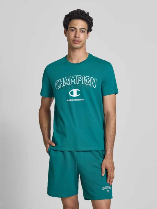 Zdjęcie produktu t-shirt z nadrukiem z logo i okrągłym dekoltem Champion Ciemnozielony