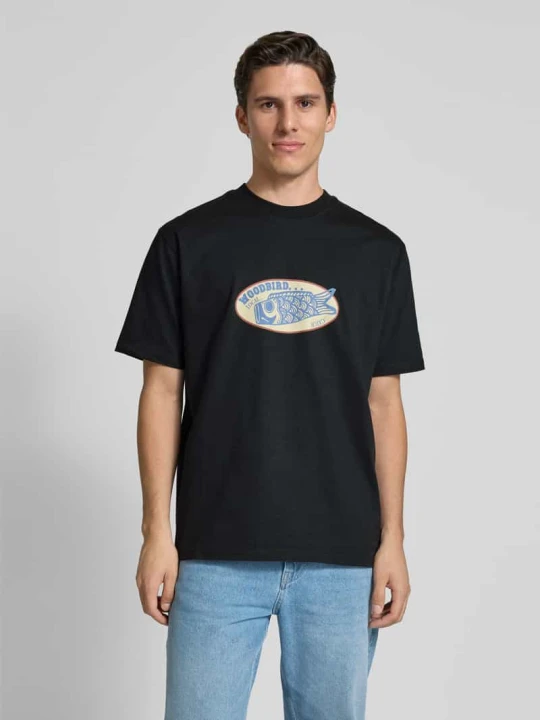 Zdjęcie produktu T-shirt z nadrukiem z logo model ‘Baine’ Woodbird Czarny