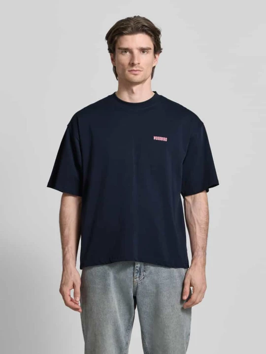 Zdjęcie produktu T-shirt z nadrukiem z logo Model „Beam” Woodbird Granatowy