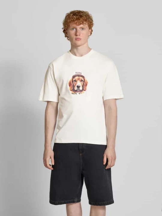 Zdjęcie produktu T-shirt z nadrukiem z logo REVIEW Złamany biały