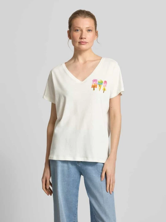 Zdjęcie produktu t-shirt z nadrukiem z motywem i dekoltem w serek milano italy Złamany biały