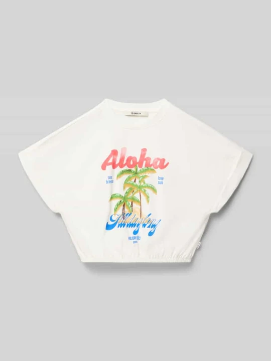 Zdjęcie produktu t-shirt z nadrukiem z motywem i elastycznym dołem Garcia Biały