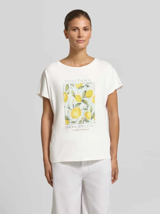 Zdjęcie produktu t-shirt z nadrukiem z motywem i obszyciem ozdobnymi kamieniami Oui Biały