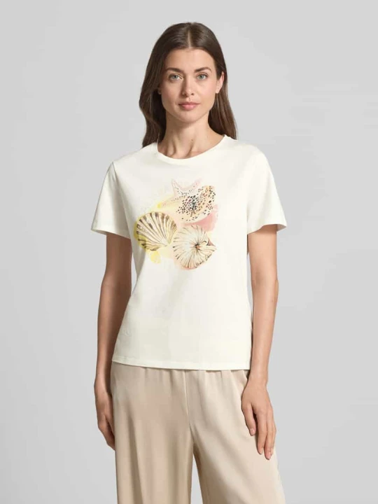 Zdjęcie produktu t-shirt z nadrukiem z motywem i obszyciem z kamieni stras Marc Cain Złamany biały