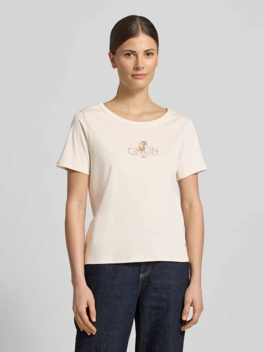Zdjęcie produktu t-shirt z nadrukiem z motywem i obszyciem z kamieni stras Monari Écru