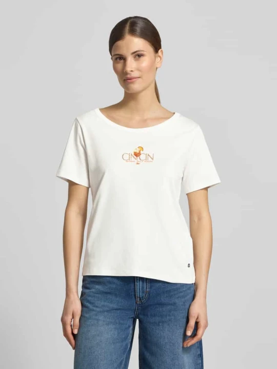 Zdjęcie produktu t-shirt z nadrukiem z motywem i obszyciem z kamieni stras Monari Biały