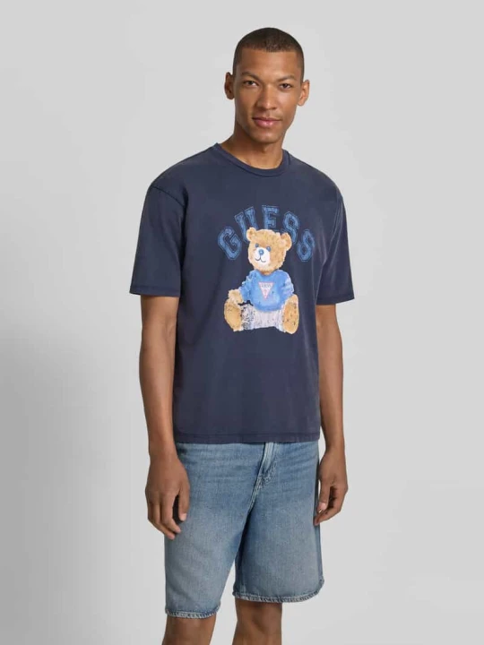 Zdjęcie produktu t-shirt z nadrukiem z motywem i okrągłym dekoltem Guess Granatowy