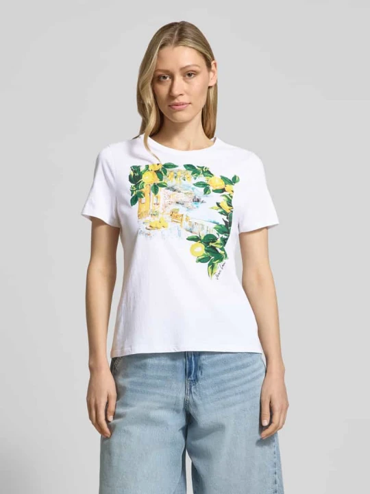 Zdjęcie produktu T-shirt z nadrukiem z logo i okrągłym dekoltem Marc Cain Biały