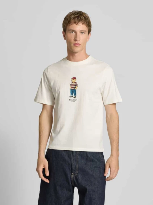 Zdjęcie produktu t-shirt z nadrukiem z motywem i okrągłym dekoltem REVIEW Złamany biały