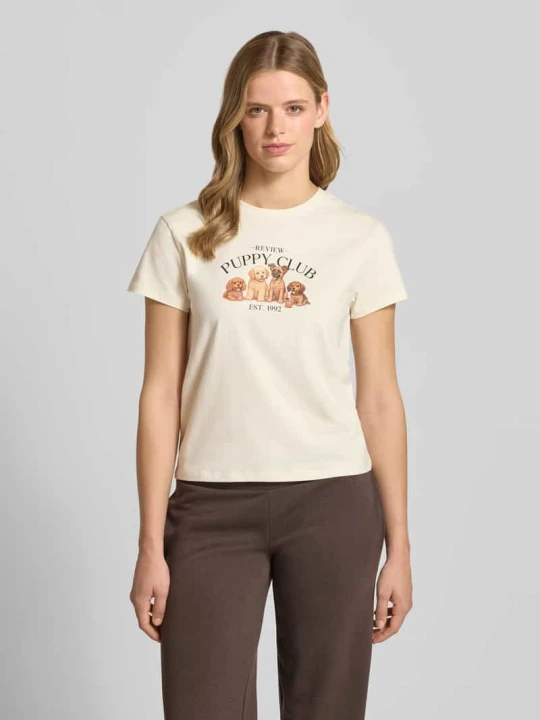Zdjęcie produktu t-shirt z nadrukiem z motywem i okrągłym dekoltem REVIEW Złamany biały
