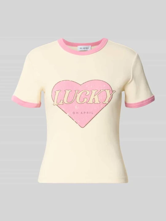 Zdjęcie produktu T-shirt z nadrukiem z motywem model 'Lucky' Oh April Złamany biały