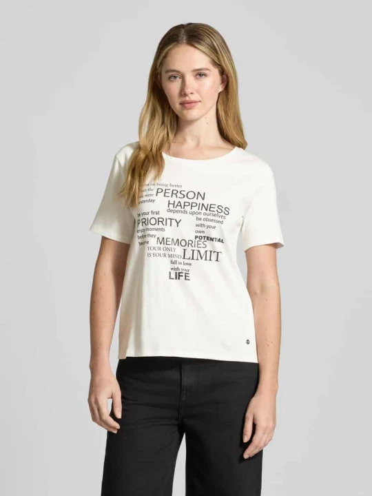 Zdjęcie produktu T-shirt z nadrukiem z napisem i obszyciem ozdobnymi kamieniami Monari Granatowy