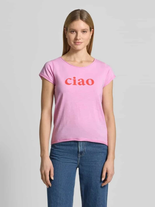 Zdjęcie produktu T-shirt z nadrukiem z napisem i okrągłym dekoltem Christian Berg Różowy