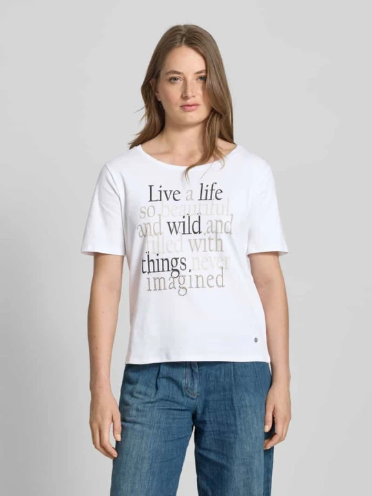Zdjęcie produktu t-shirt z nadrukiem z napisem i obszyciem ozdobnymi kamieniami Monari Écru