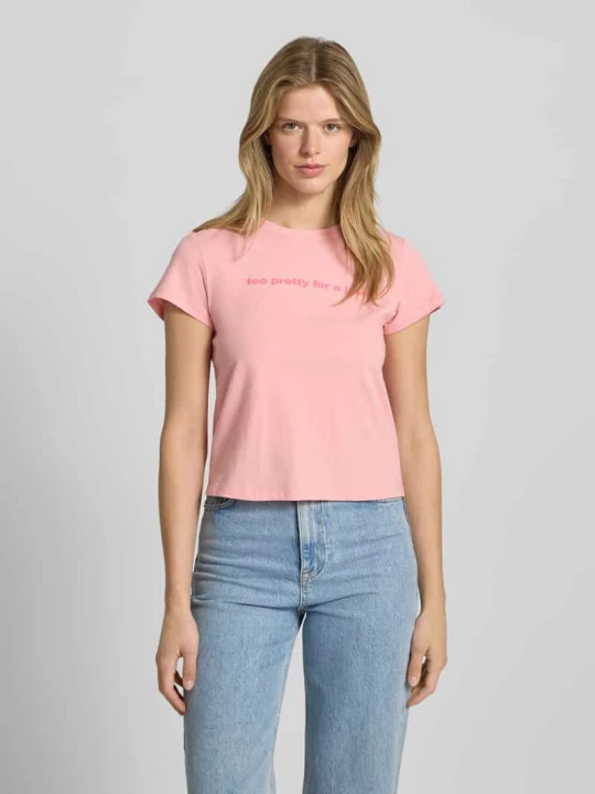 Zdjęcie produktu T-shirt z nadrukiem z napisem i okrągłym dekoltem REVIEW Różowy