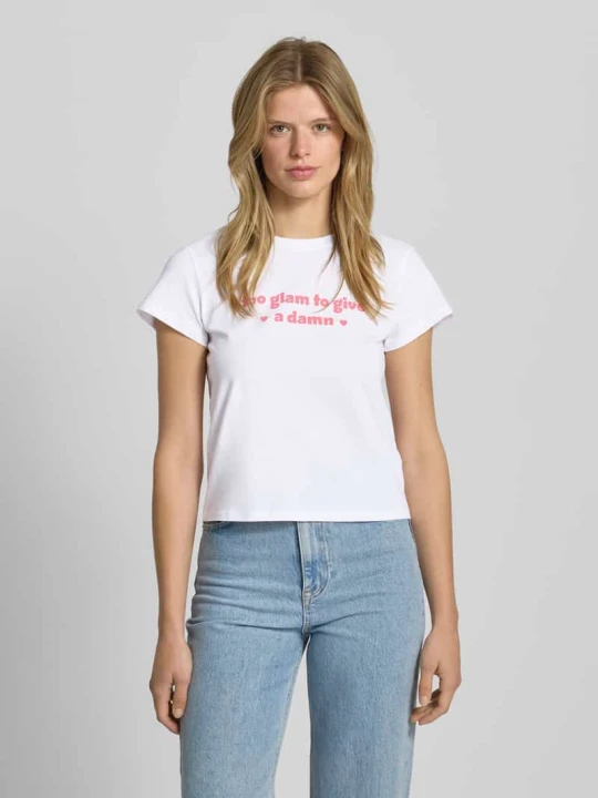 Zdjęcie produktu T-shirt z nadrukiem z napisem i okrągłym dekoltem REVIEW Biały