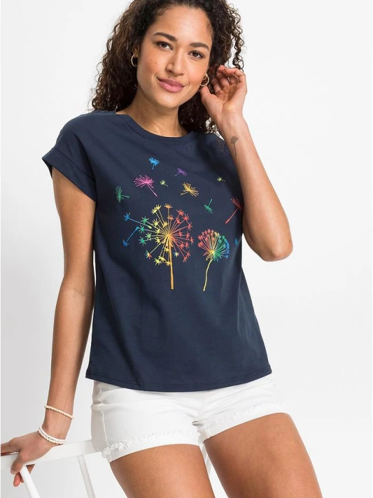 Zdjęcie produktu T-shirt z nadrukiem z roślinnym motywem BonPrix niebieski