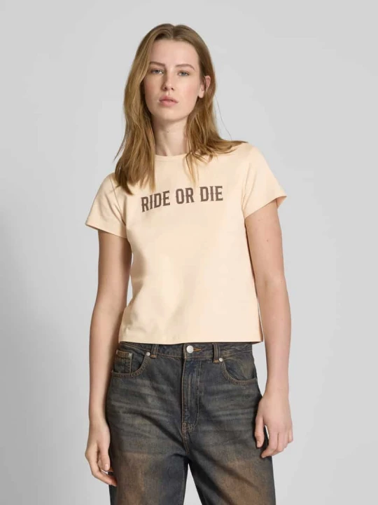 Zdjęcie produktu T-shirt z nadrukiem ze sloganem REVIEW Beżowy