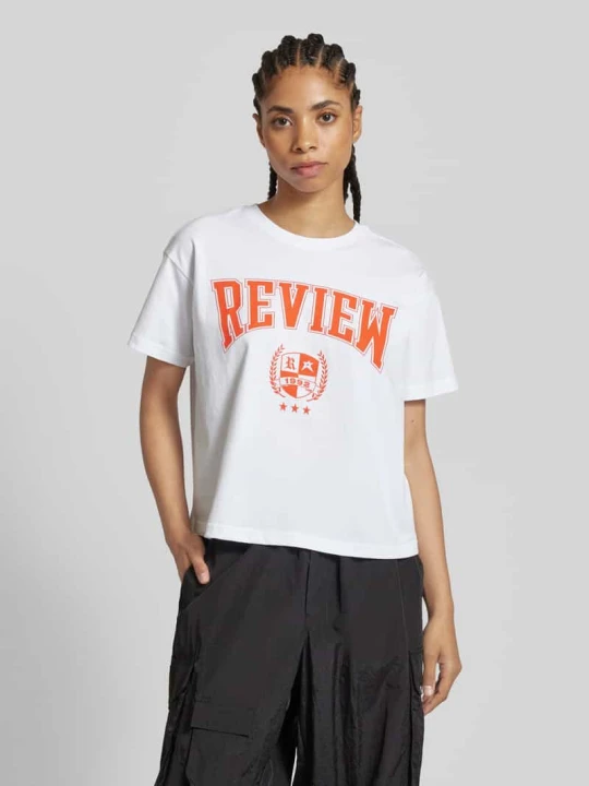 Zdjęcie produktu T-shirt z nadrukiem ze sloganem REVIEW Biały