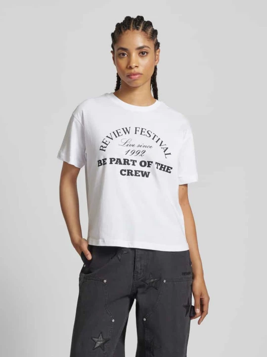 Zdjęcie produktu T-shirt z nadrukiem ze sloganem REVIEW Biały
