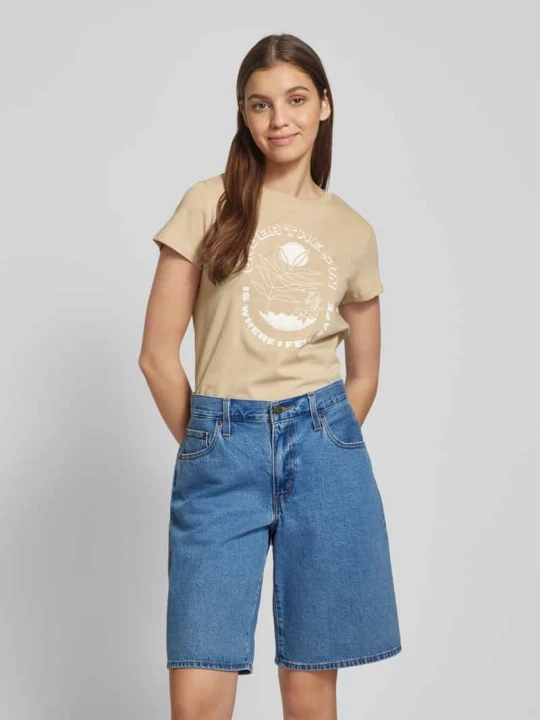 Zdjęcie produktu T-shirt z nadrukowanym motywem QS Beżowy