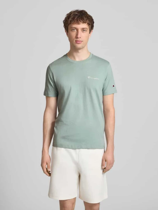 Zdjęcie produktu T-shirt z naszywanymi detalami z logo i okrągłym dekoltem Champion Limonkowy