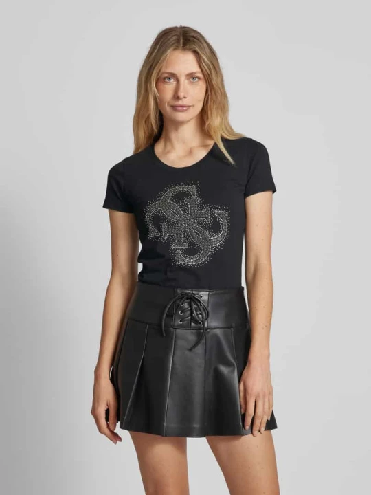 Zdjęcie produktu T-shirt z obszyciem kamieniami stras i ozdobnymi kamieniami Guess Czarny