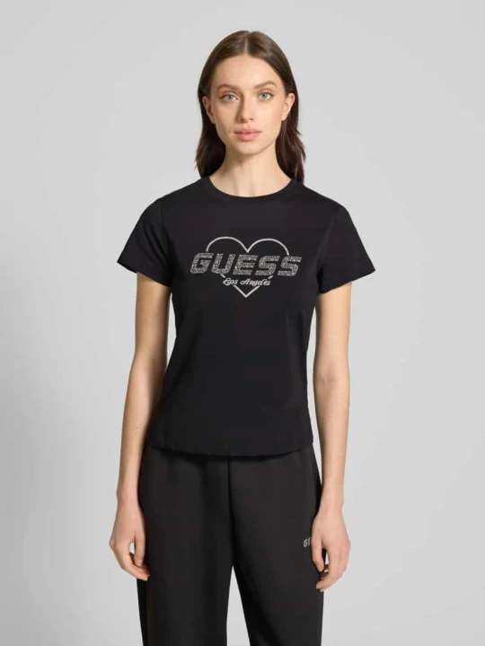 Zdjęcie produktu T-shirt z obszyciem kamieniami stras model ‘NARCISO’ Guess Czarny