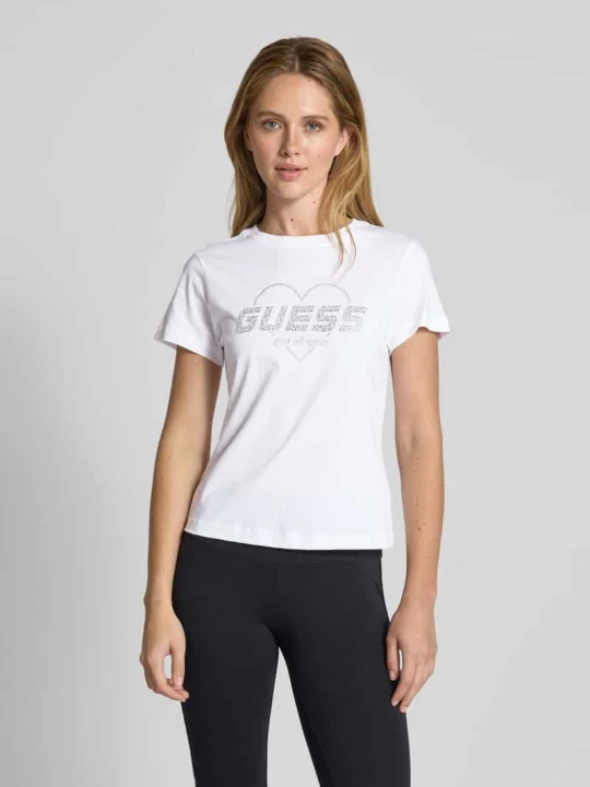 Zdjęcie produktu T-shirt z obszyciem kamieniami stras model ‘NARCISO’ Guess Biały