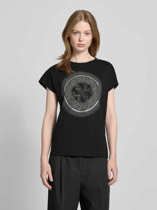 Zdjęcie produktu T-shirt z obszyciem ozdobnymi kamieniami i okrągłym dekoltem Guess Czarny