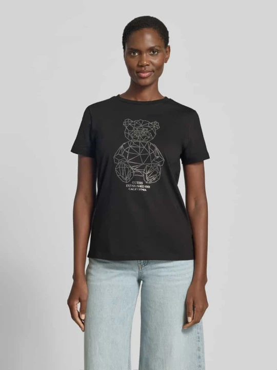 Zdjęcie produktu t-shirt z obszyciem ozdobnymi kamieniami i okrągłym dekoltem Guess Czarny