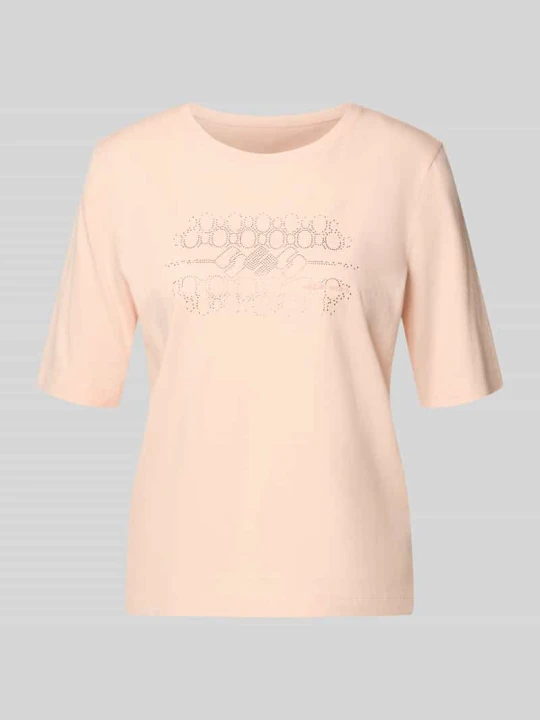 Zdjęcie produktu t-shirt z obszyciem ozdobnymi kamieniami i okrągłym dekoltem Marc Cain Morelowy